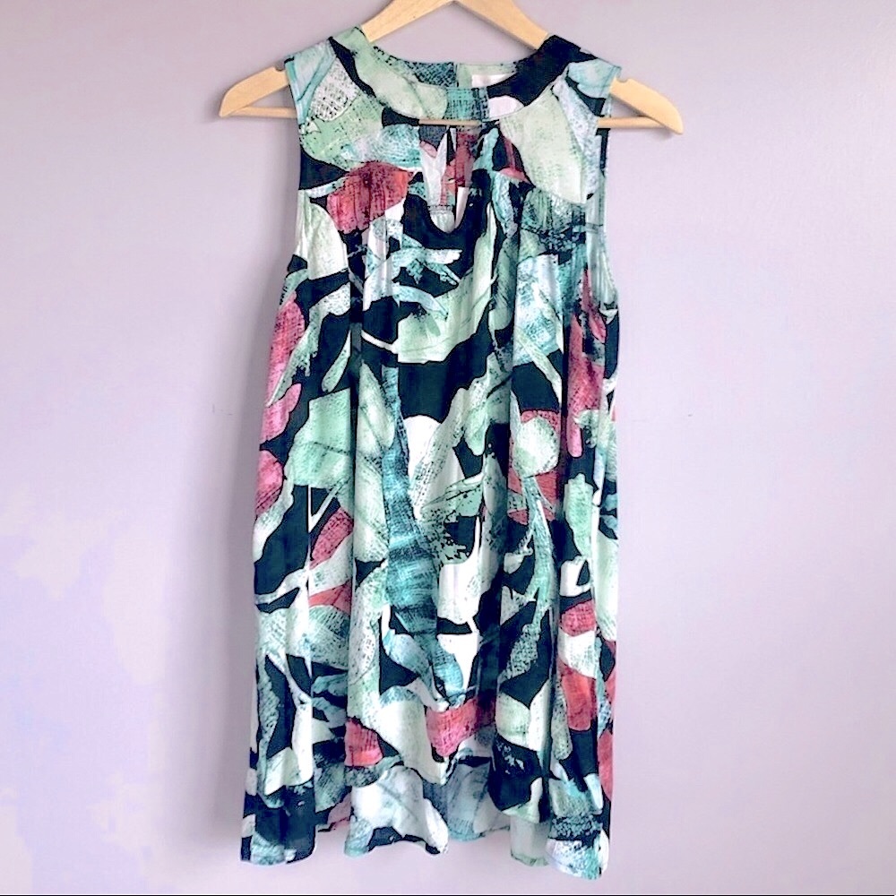 New LC Lauren Conrad Tropical Palm Leaf Keyhole Tunic Sleeveless Blouse Size XS